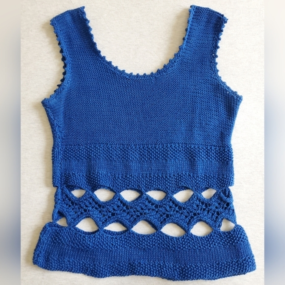 Vintage 90s top knit crochet blue cotton cutout scoop neck tank boho resort S M